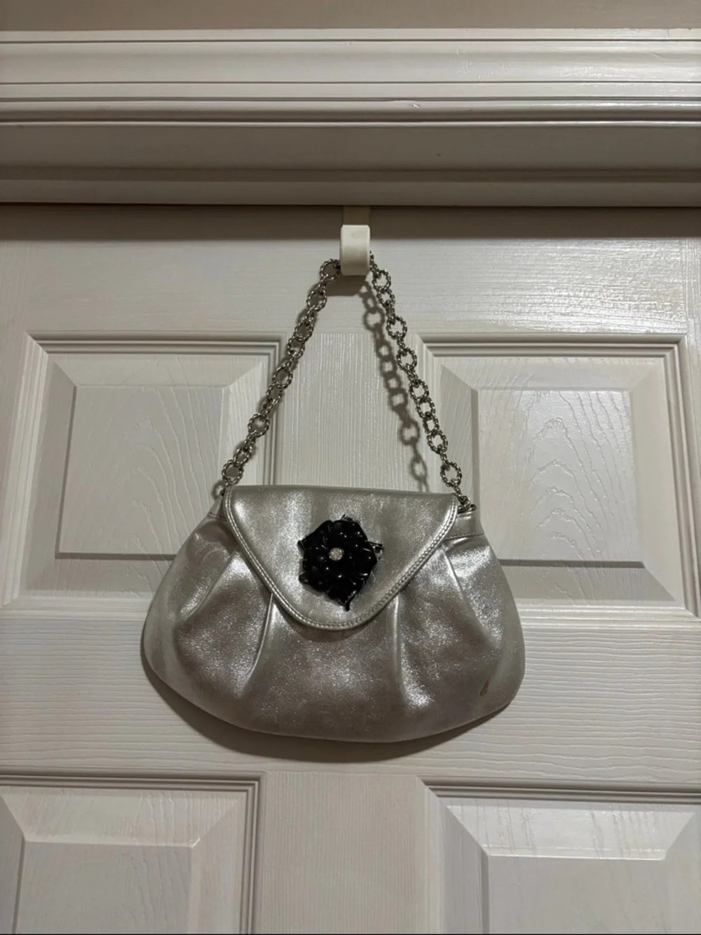 Metallic Silver Evening Shoulder Bag with Floral Accent